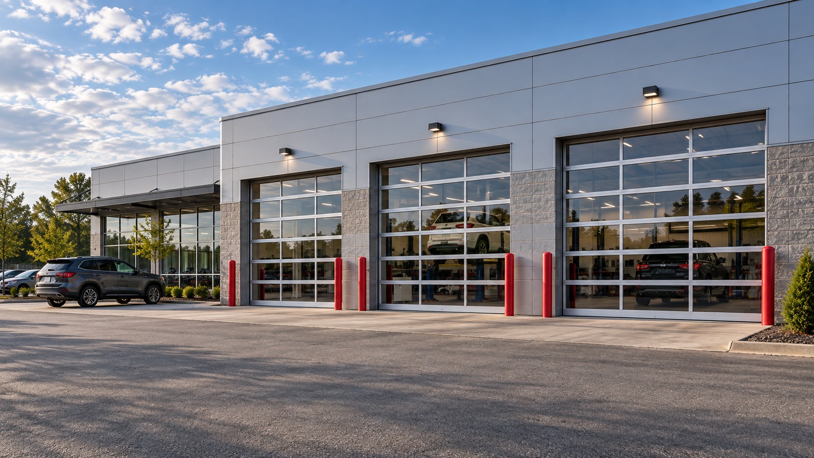 Automotive service facility with full-view sectional doors