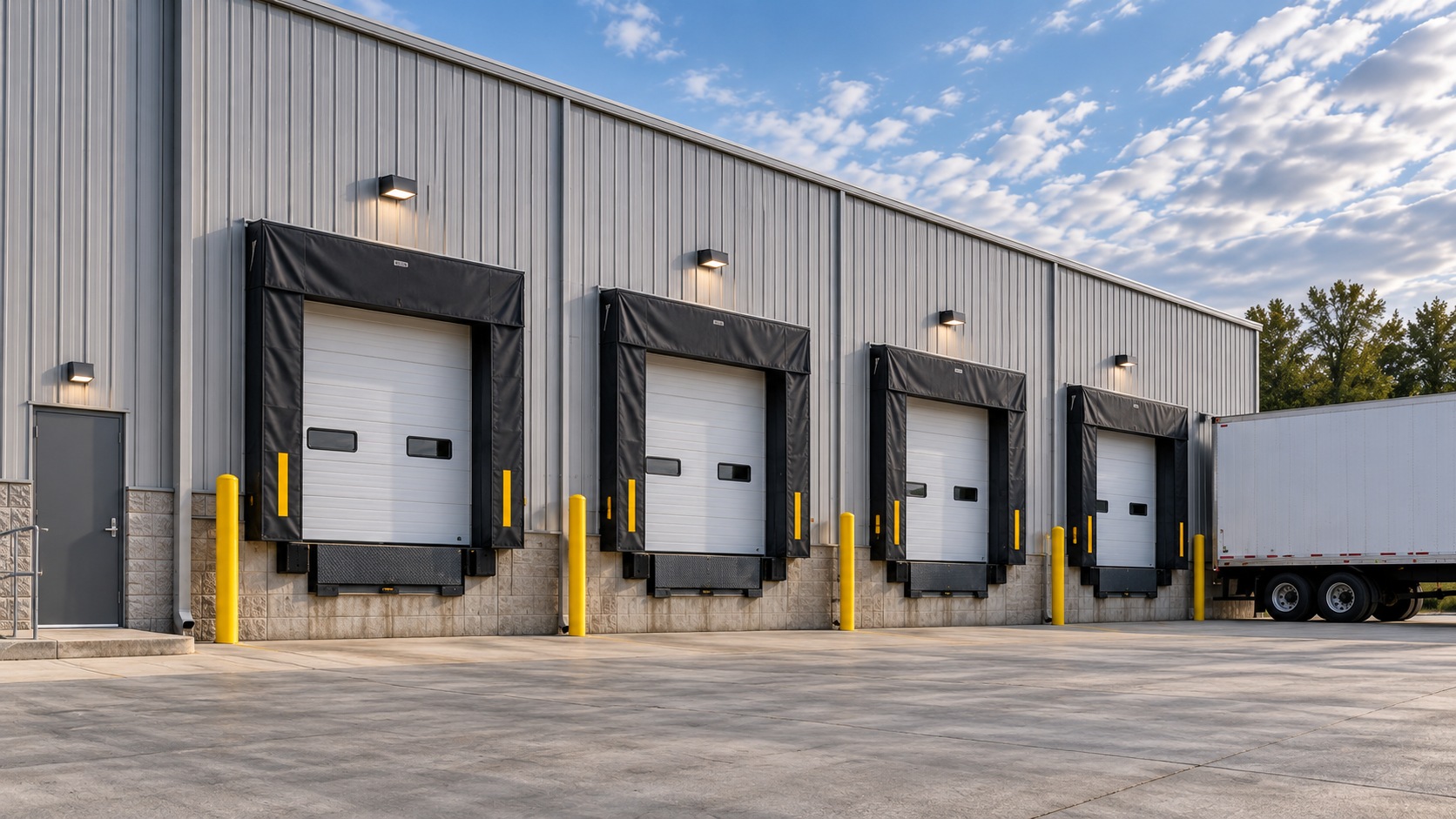 Warehouse loading docks with dock seals and overhead doors