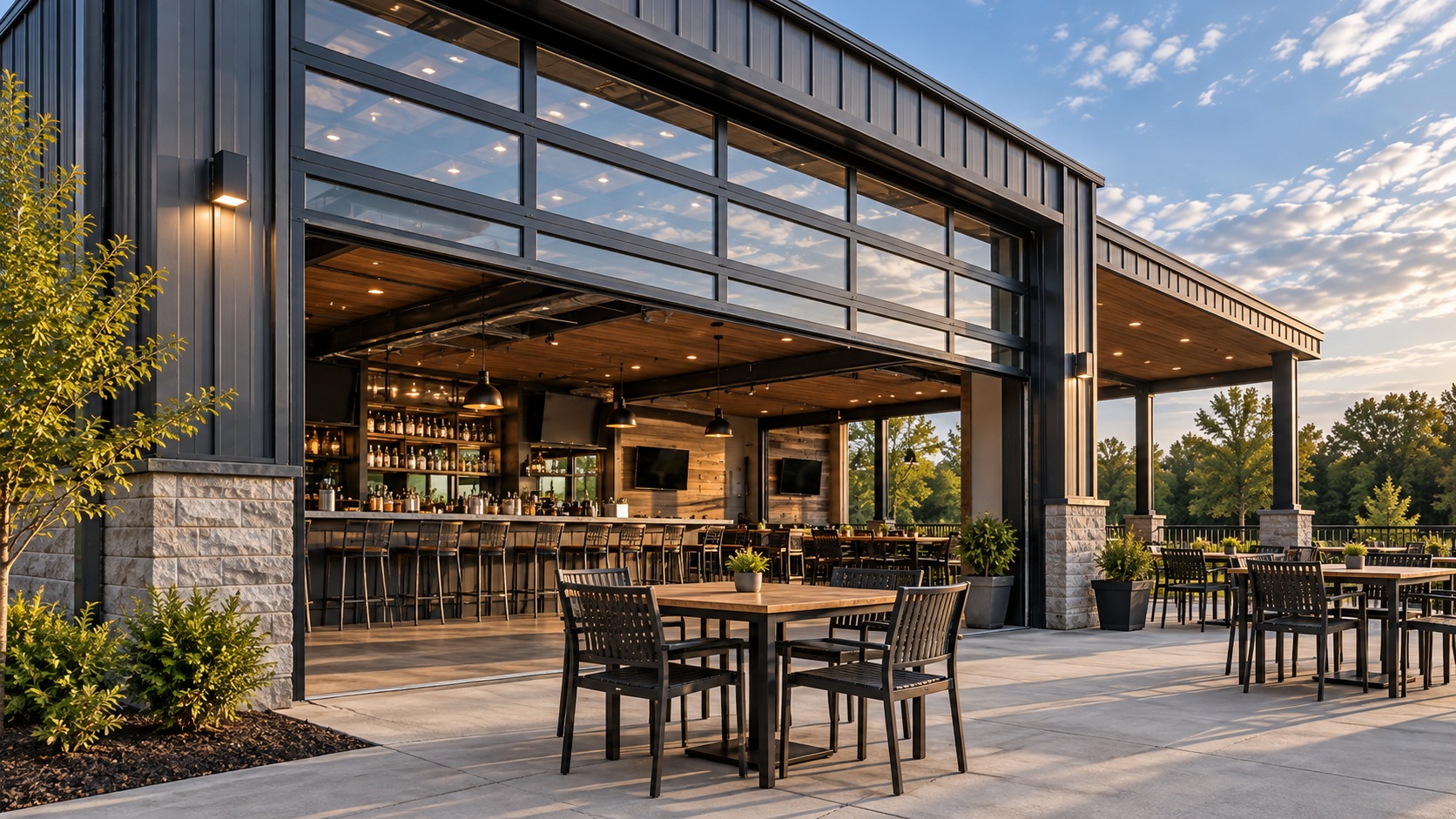 Restaurant with a full-view glass sectional door opening to a patio