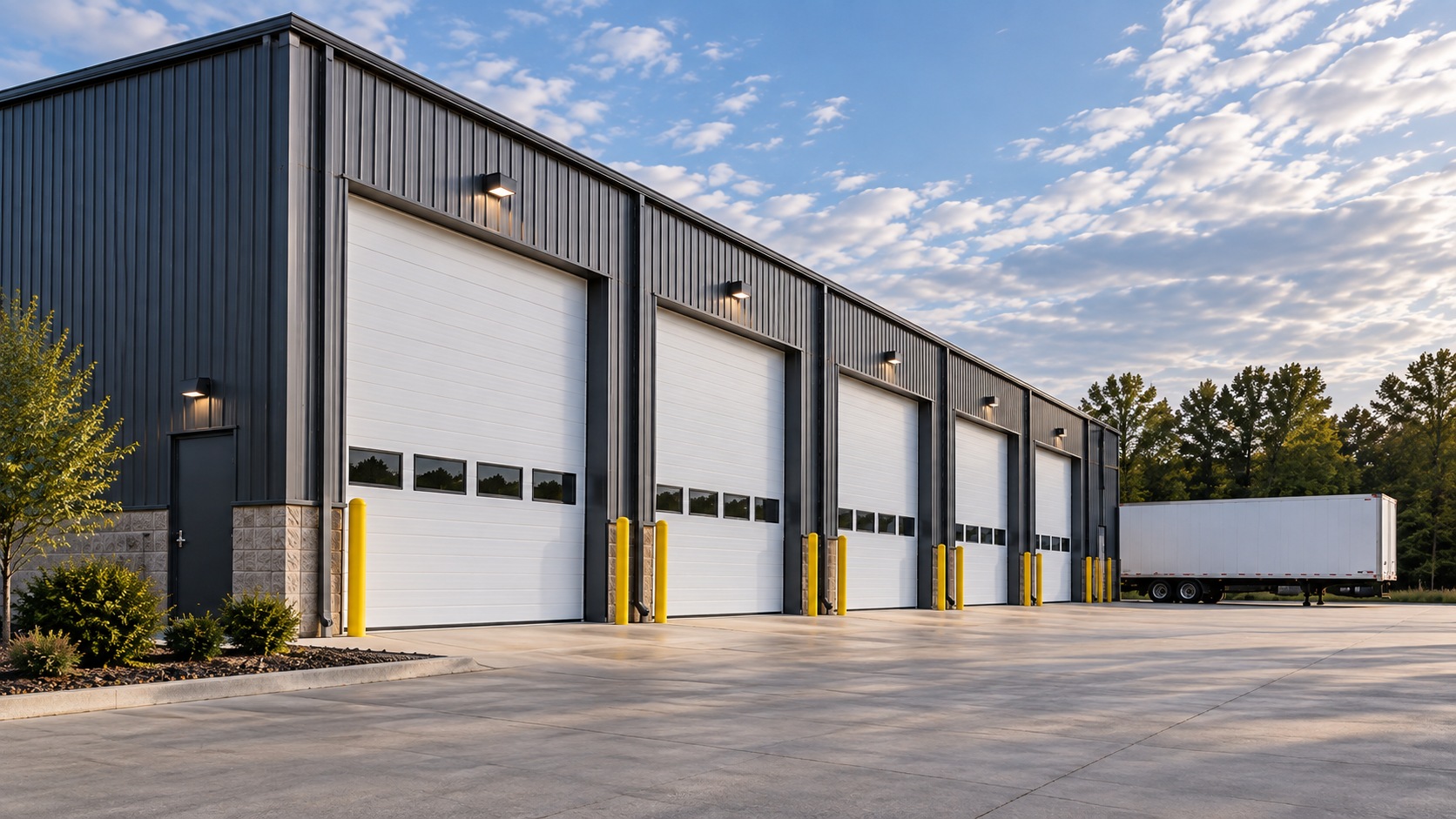 Industrial building with large sectional overhead doors
