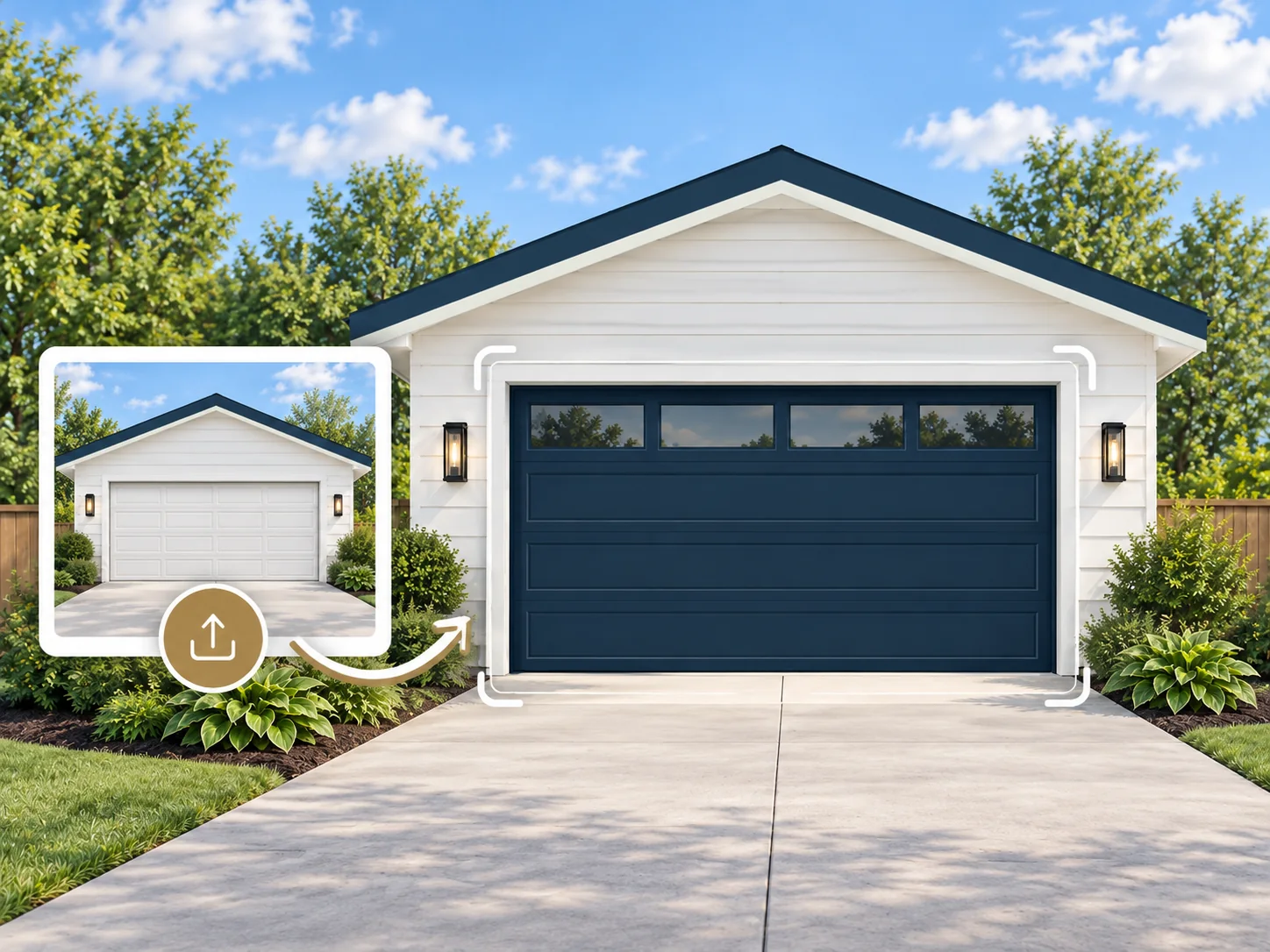 Oxmoor Vision concept showing an uploaded garage photo beside a new navy garage door design